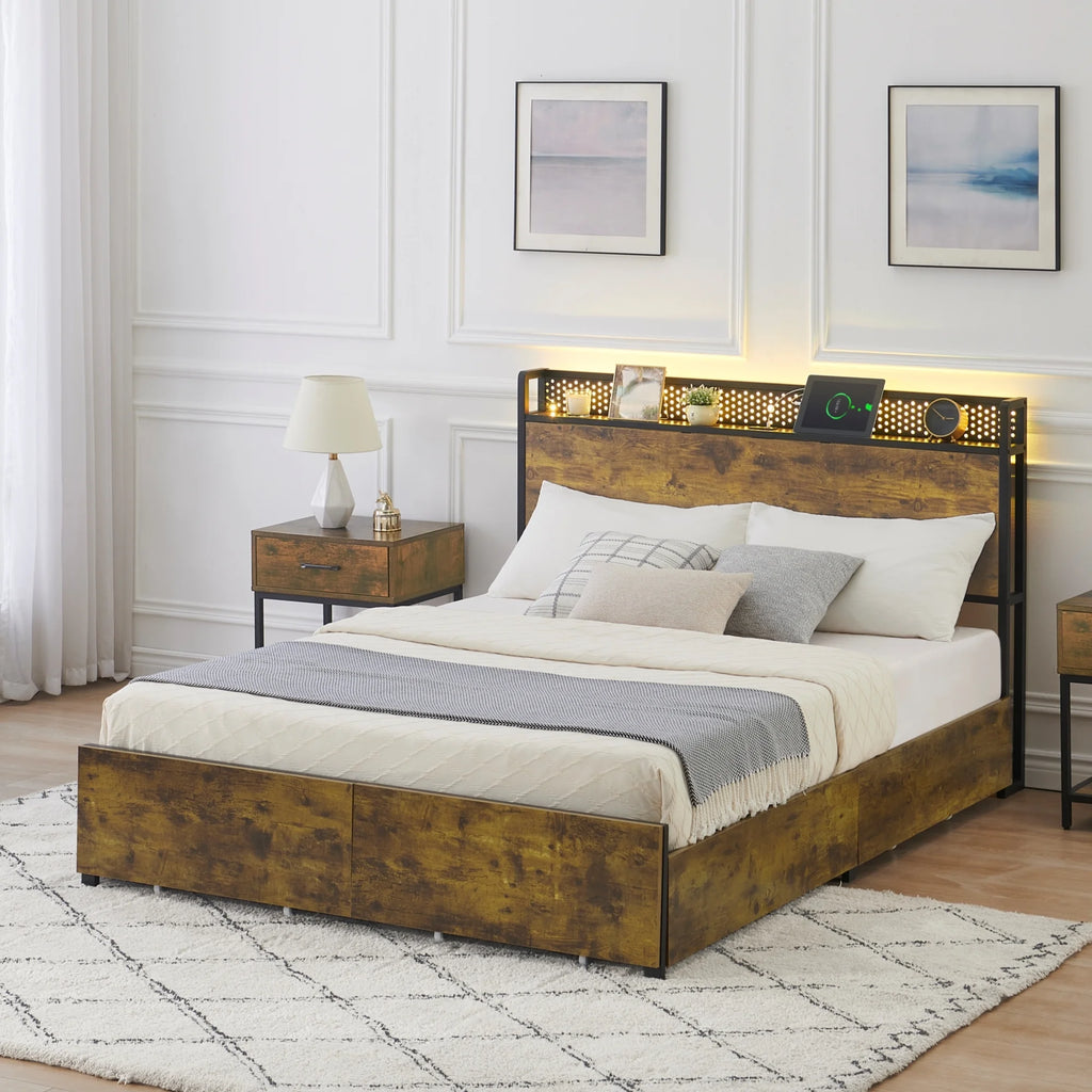 Queen Size Platform Bed Frame with Storage Headboard and 6 Drawers N273